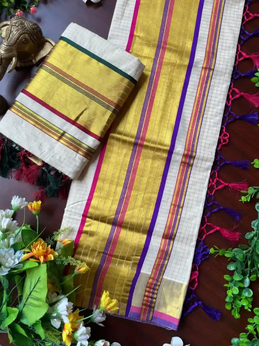 Dual-Tone Microcheck Cotton Kasavu Saree with Blouse Main View