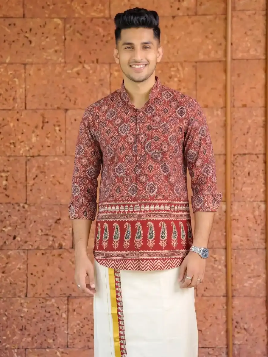 Maroon & Black Mango Ajrakh Shirt and Kasavu Mundu Dhoti Combo Set Full View