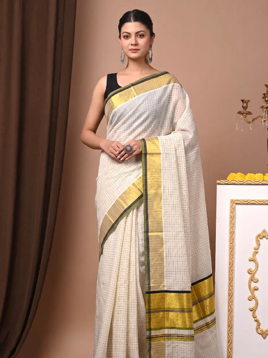 Micro Checks Cotton Kasavu Saree with Black & Pea Green Border Front view