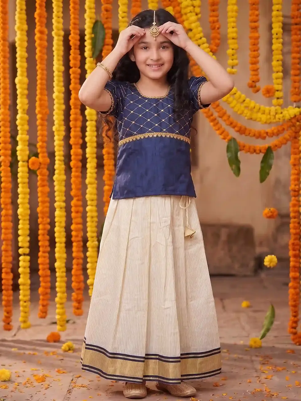 Thumbnail: Navy Blue Embroidery Golden Stripe Cotton Kerala Kasavu Kids Dress, Age 6-10 Full View
