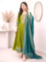Olive Green Embroidered Anarkali Kurta Set with Teal Blue Dupatta Full View