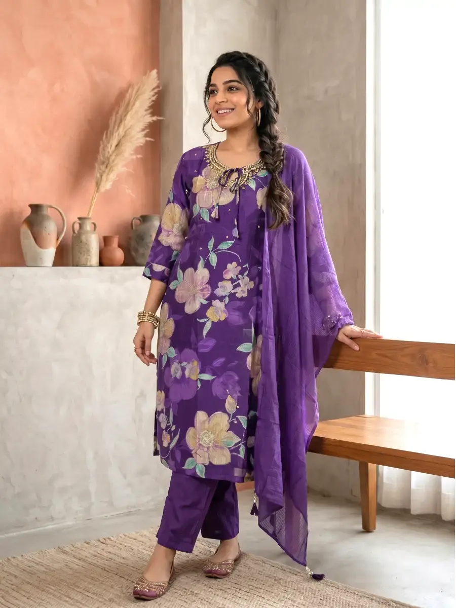 Purple Floral Chandheri Kurta Set with Dupatta Main View