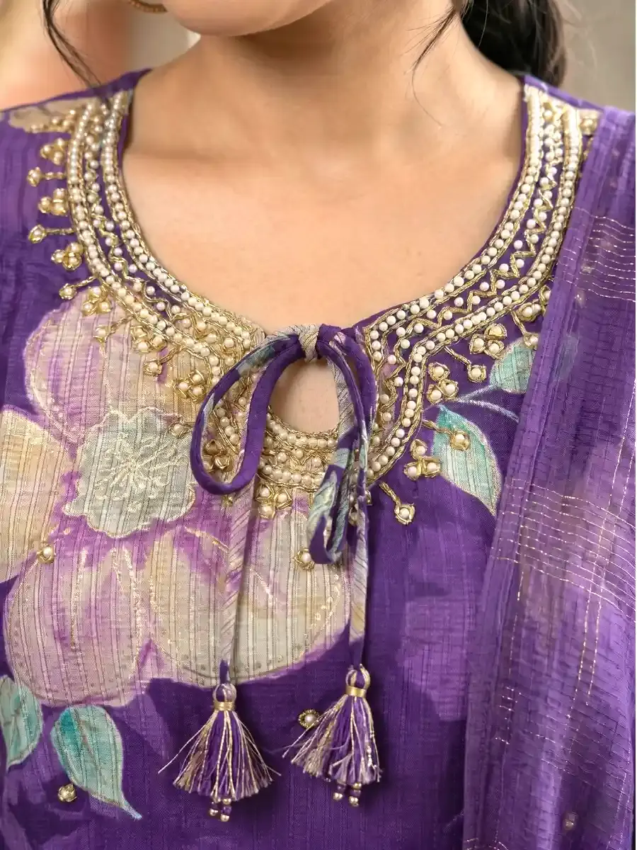 Thumbnail: Purple Floral Chandheri Kurta Set with Dupatta Closeup View