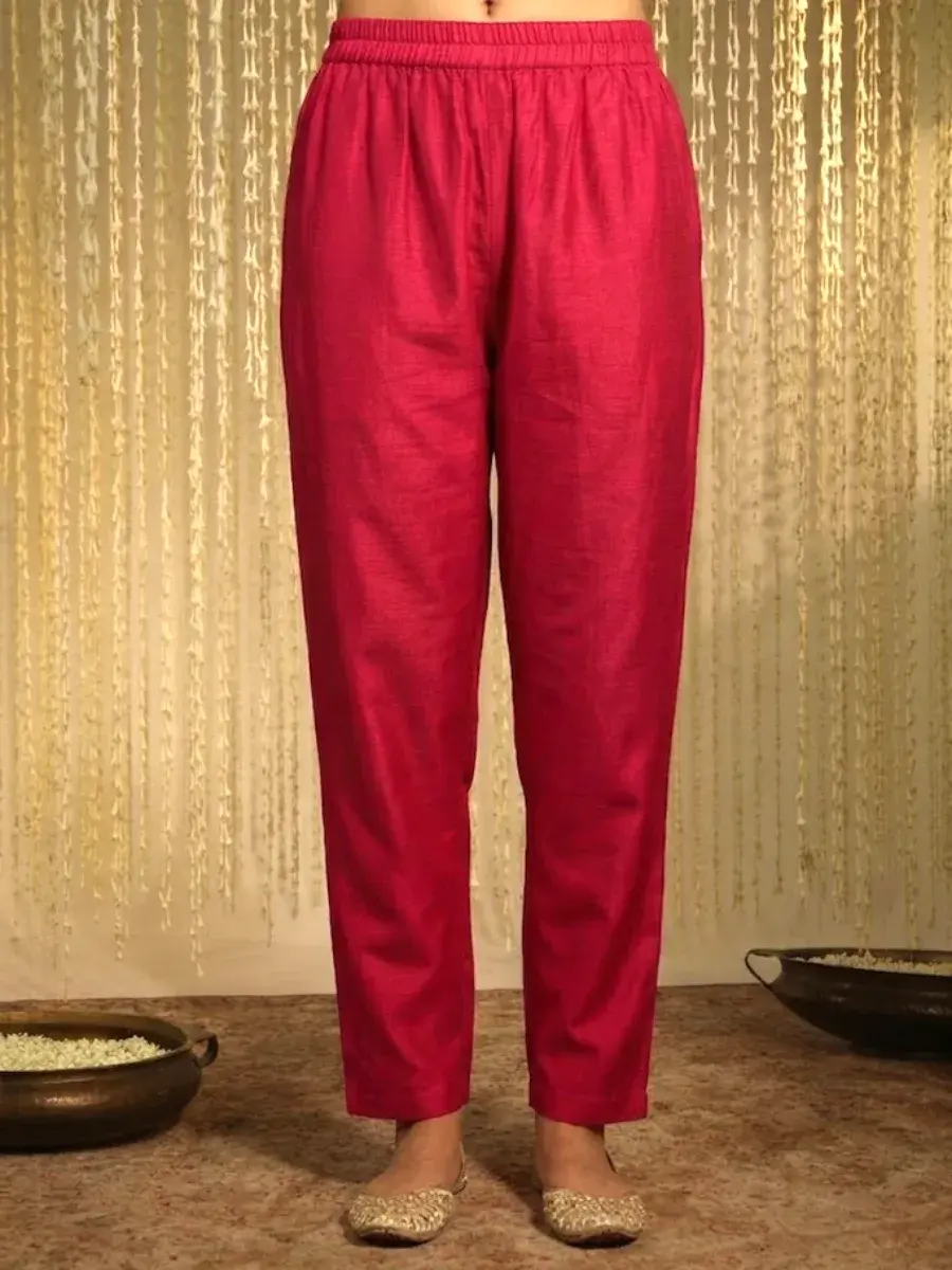 Thumbnail: Fuchsia Pink Floral Embroidered Silk Blend Kurta Set with Dupatta Pants View