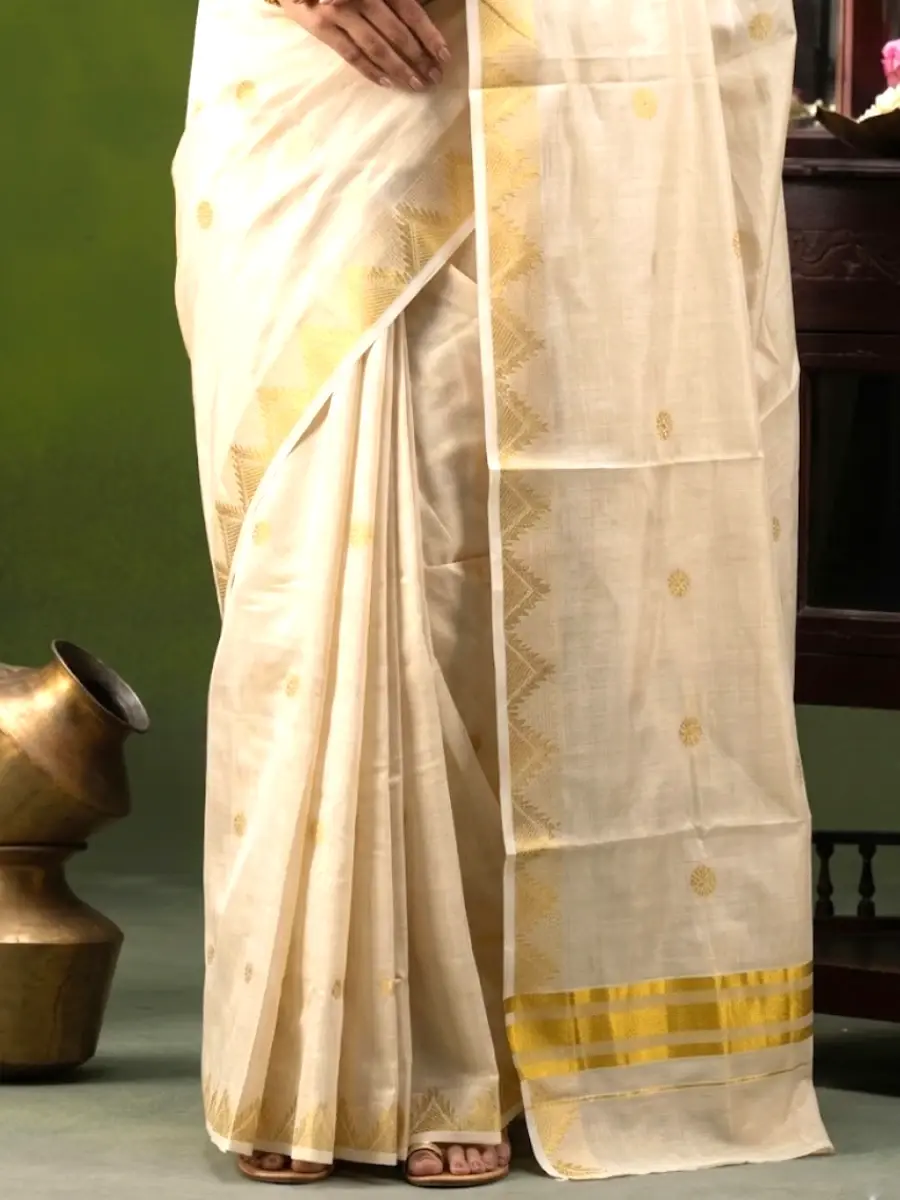Thumbnail: Golden Butta Temple Border Tissue Kasavu Saree with Blouse