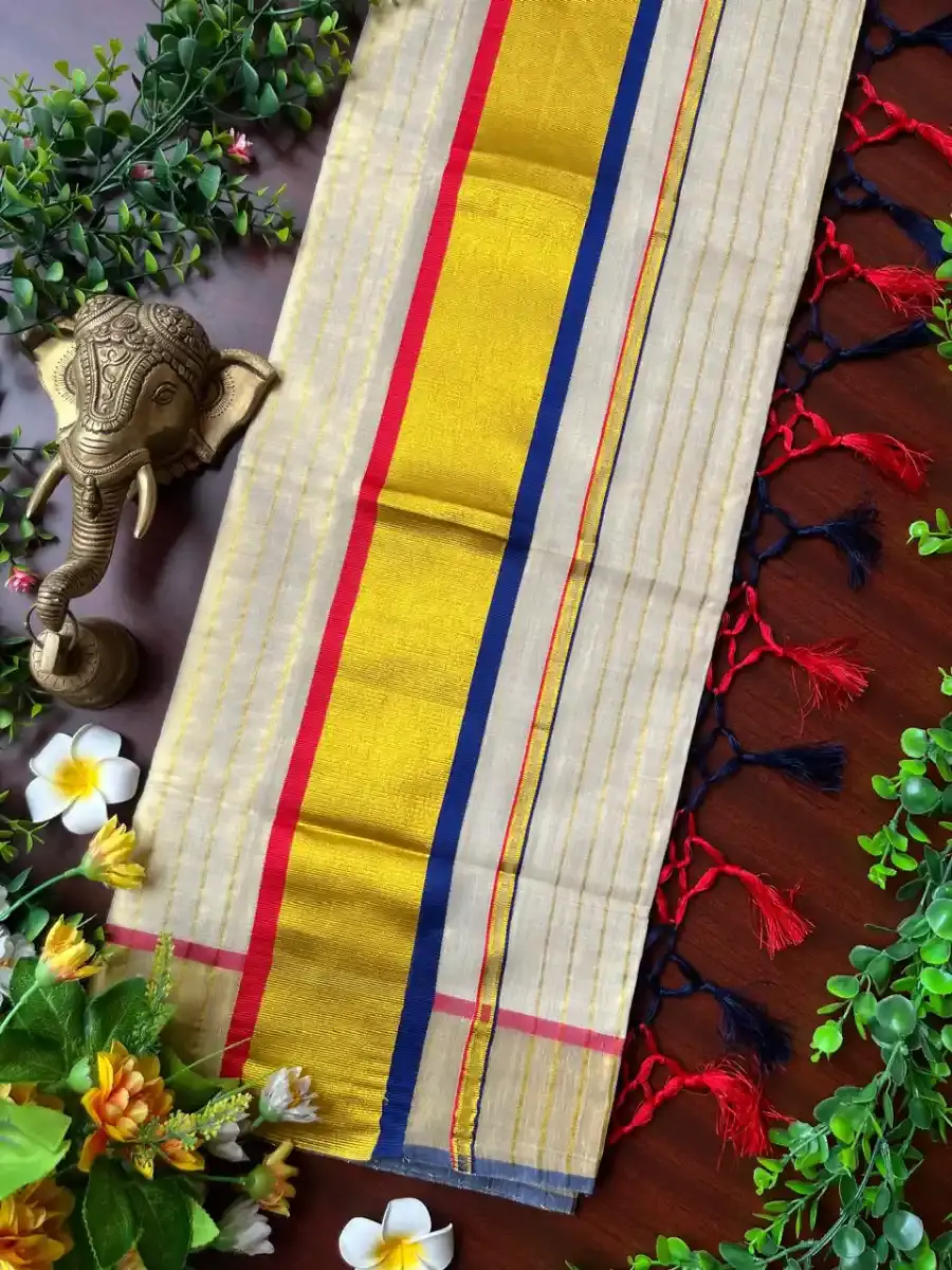 Red & Royal Blue Stripe Tussel Tissue Kerala Kasavu Saree Main View