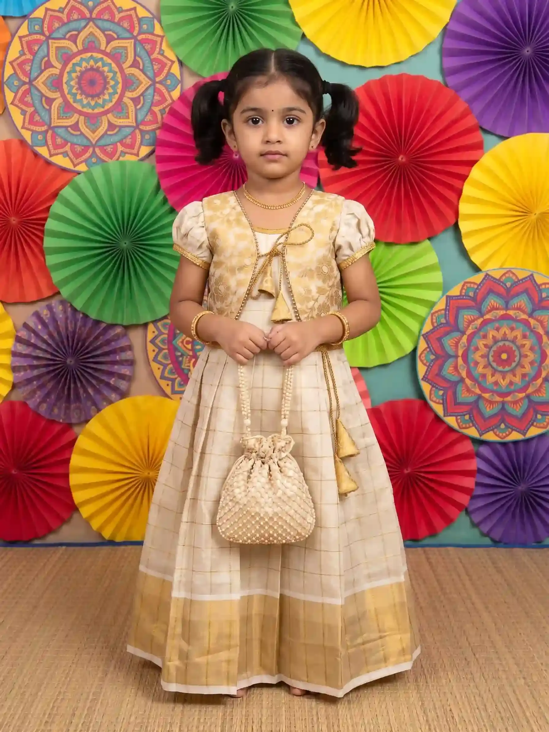 Golden Blossom Ivory Brocade Tissue Kerala Kasavu Kids Dress, Age 3-5 Main View