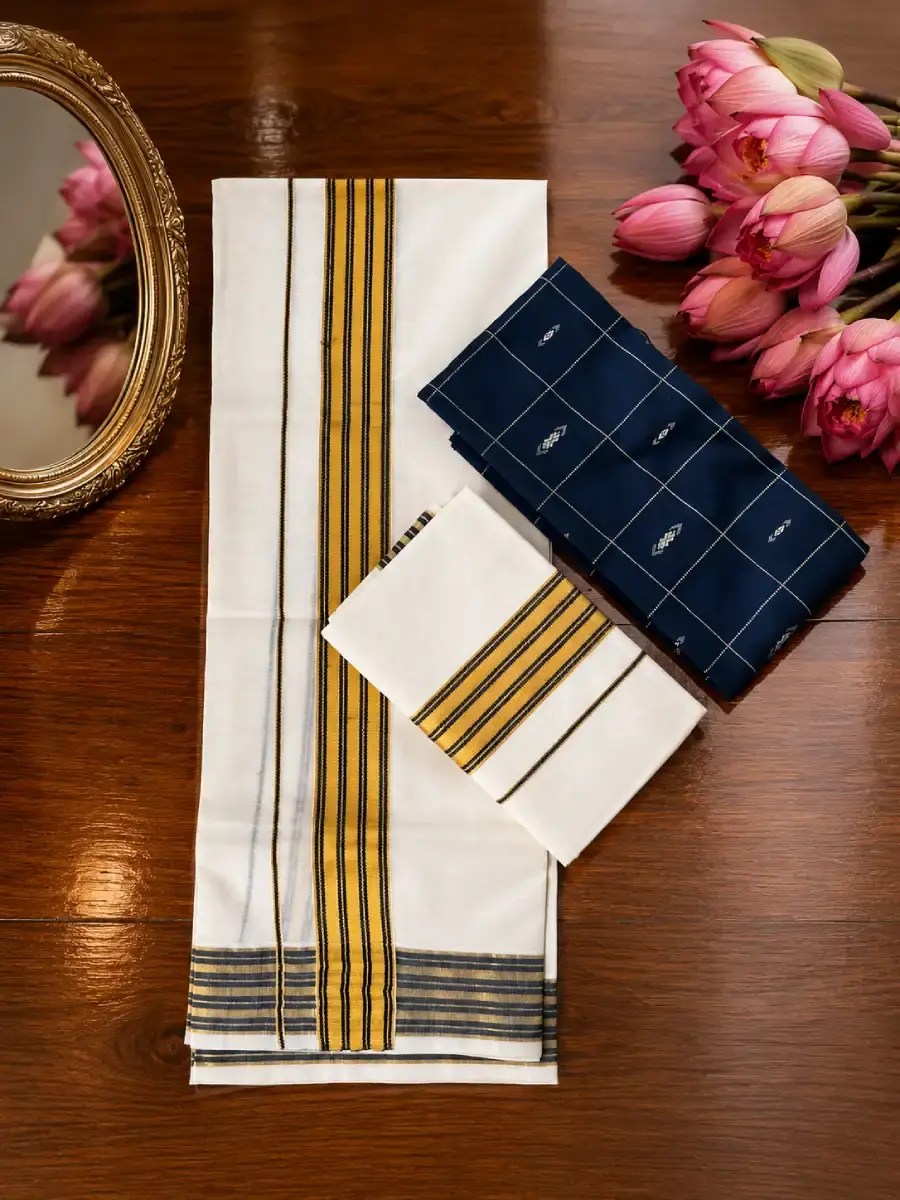 Navy Blue Border Cotton Kasavu Set Mundu with Blouse Folded View
