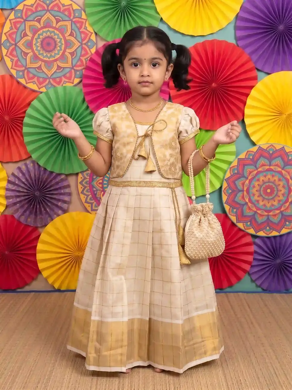 Thumbnail: Golden Blossom Ivory Brocade Tissue Kerala Kasavu Kids Dress, Age 3-5 Full view