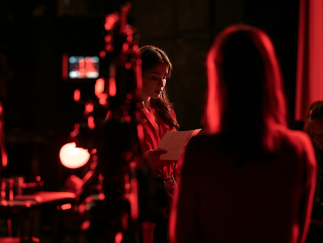 An actress is rehearsing a scene with a script in front of a camera