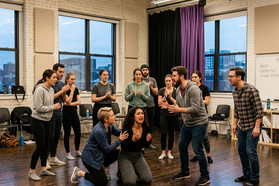 Theater students rehearse in a bright studio, gesturing around a kneeling actress; whiteboard reads BEAT, OBJECTIVE, SCENE STUDY.