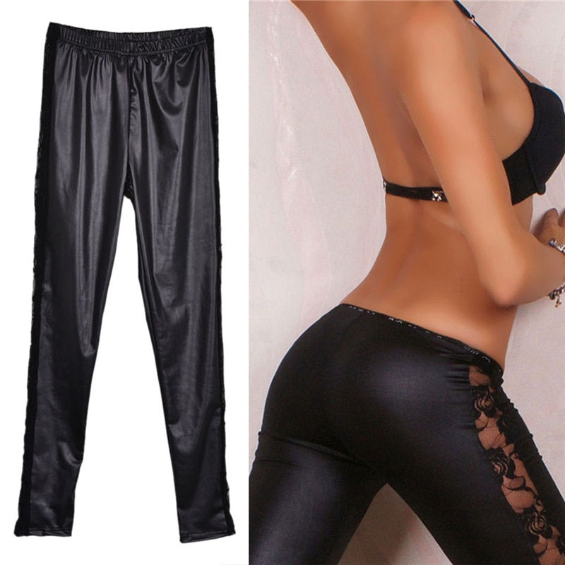 Thumbnail: Womens Leather And Lace Slim Fit Leggings 
