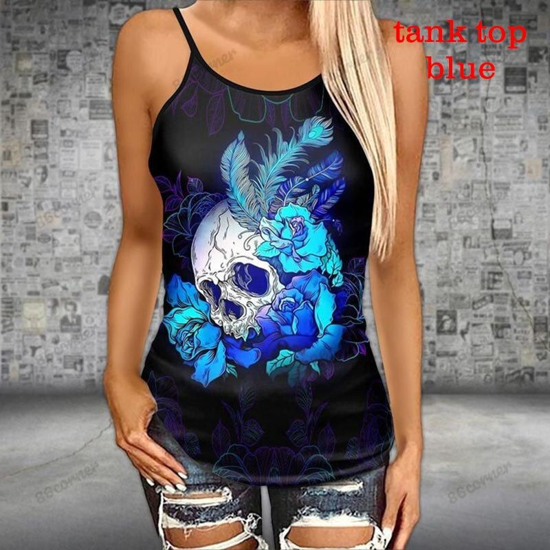 Thumbnail: Women's Skull Sunflowers Lace-Back Tank-top/ Legging Set