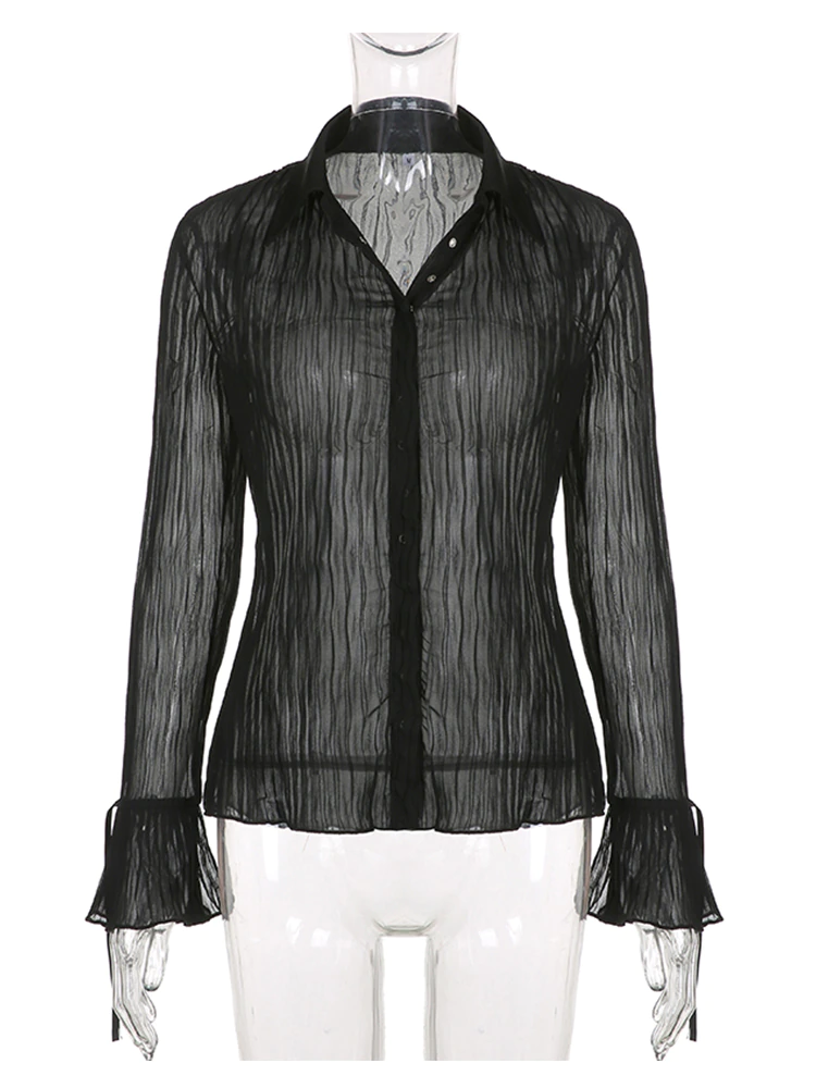 Thumbnail: Sweetown Vintage Womens Elegant Flared Sleeve Collared Mesh Blouses