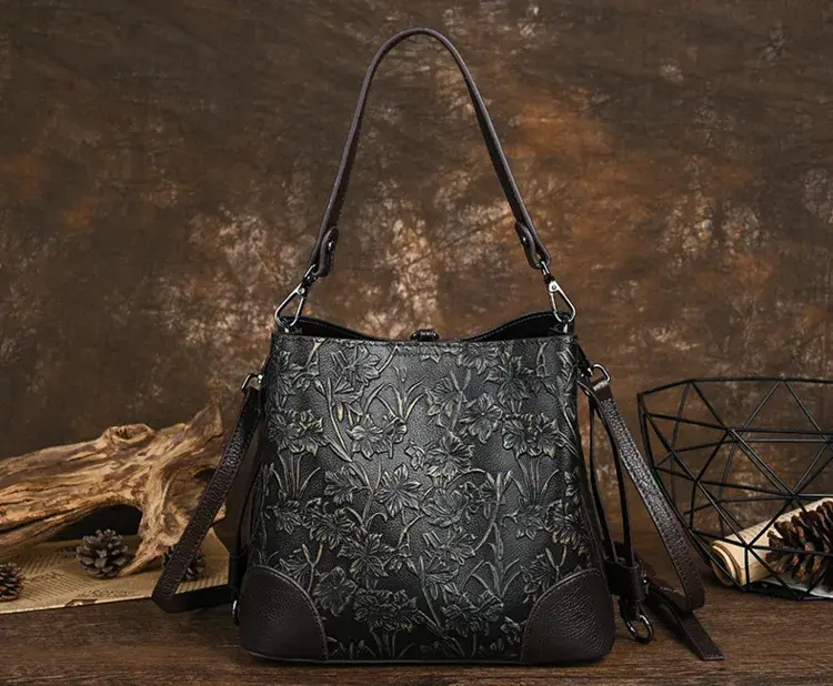 Miniature : MOTAORA Retro Embossed Genuine Leather Large Capacity Bucket Bags