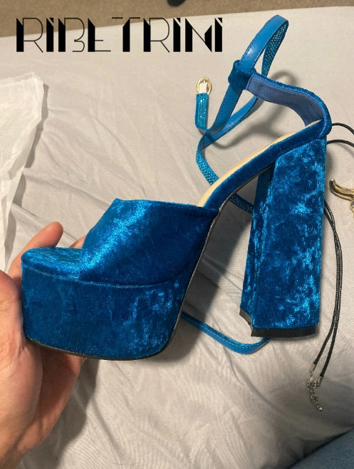 Thumbnail: RIBETRINI Brand Strappy Flock Peep Toe Party Pumps 