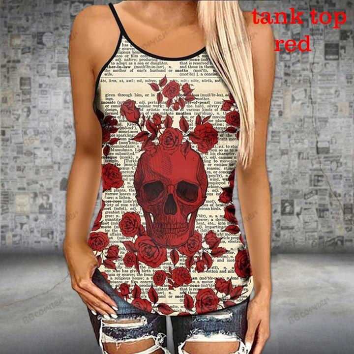 Thumbnail: Women's Skull Sunflowers Lace-Back Tank-top/ Legging Set