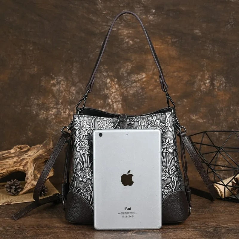 Miniature : MOTAORA Retro Embossed Genuine Leather Large Capacity Bucket Bags