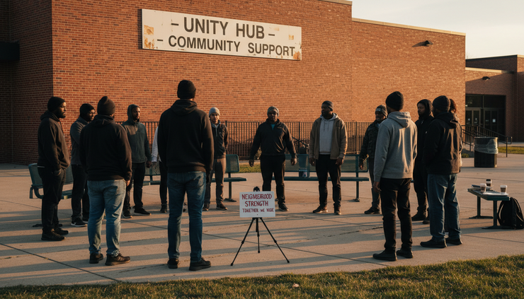 Wide-angle view of a neighborhood reentry support circle gathered outside a community center
