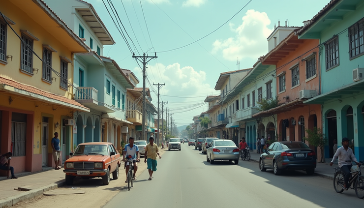 Eye-level view of a Caribbean coastal town with workers commuting along a busy street