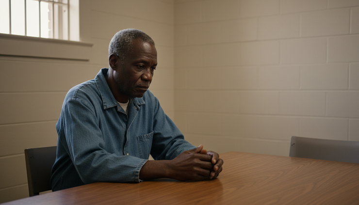 Eye-level view of an older man sitting alone in a prison visiting room