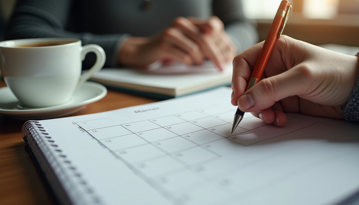 Eye-level view of a person organizing a daily planner with a cup of coffee nearby