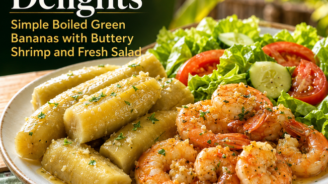 Backyard Delights: Simple Boiled Green Bananas with Buttery Shrimp and Fresh Salad