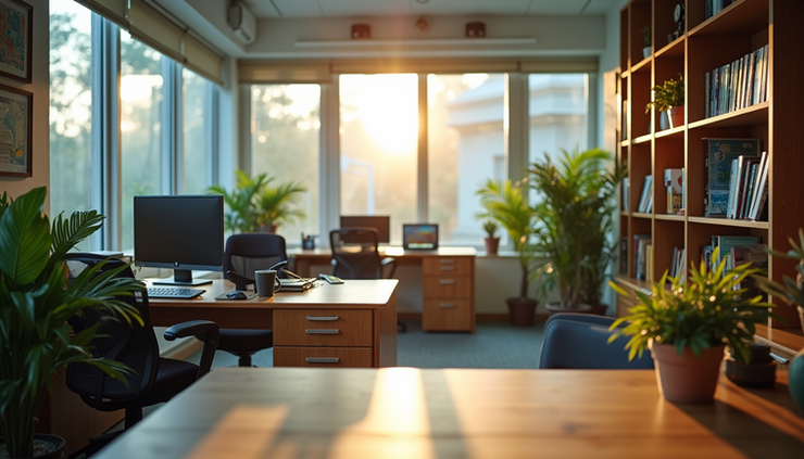 Eye-level view of a Jamaican office workspace with a computer and local cultural elements