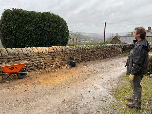 Drystone wall repair job near Matlock making coping stones by hand.