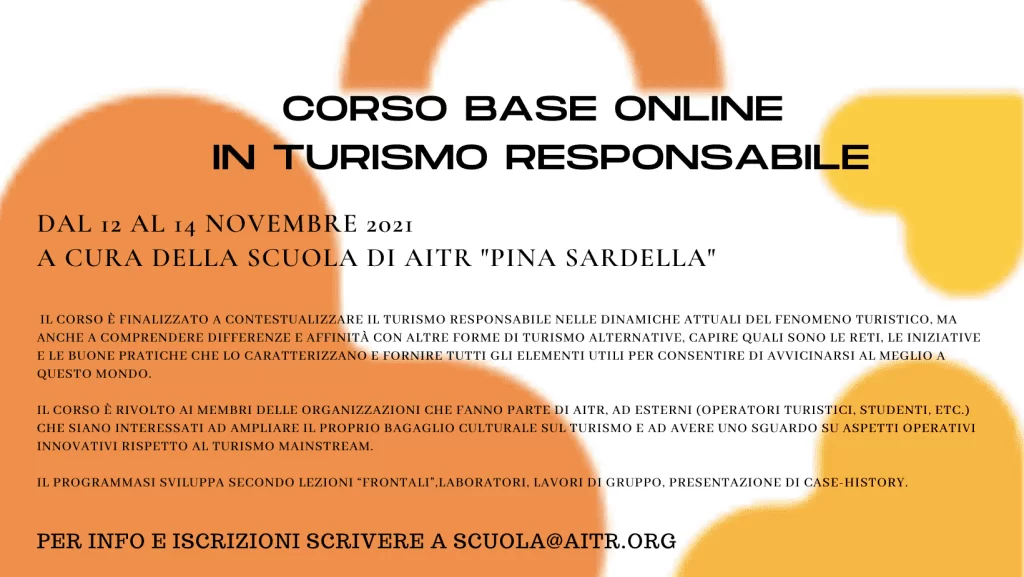 DAL 12 AL 14 NOVEMBRE TORNA IL CORSO BASE ONLINE DI AITR IN TURISMO RESPONSABILE