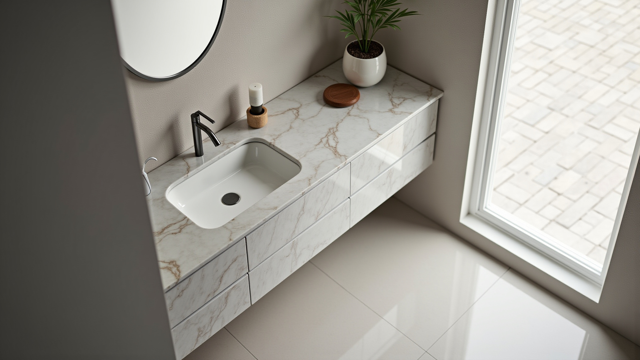 Modern bathroom vanity with GLASTONE marble countertop