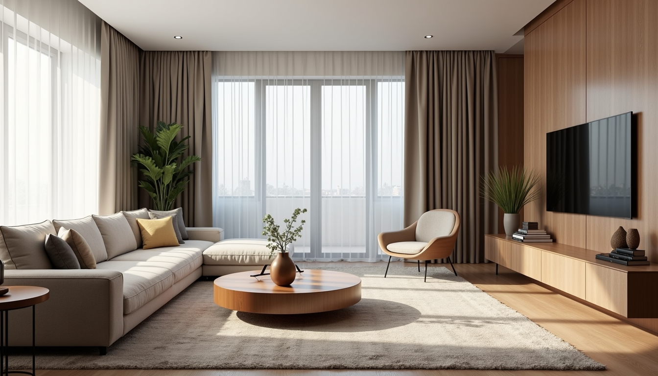 Wide angle view of a beautifully renovated living room with modern decor