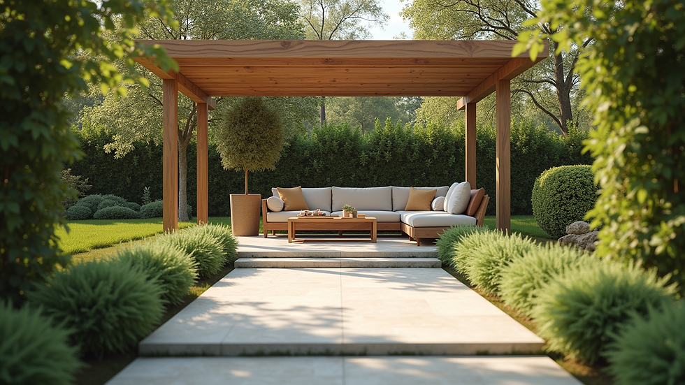 Close-up view of luxury garden pergola with comfortable seating