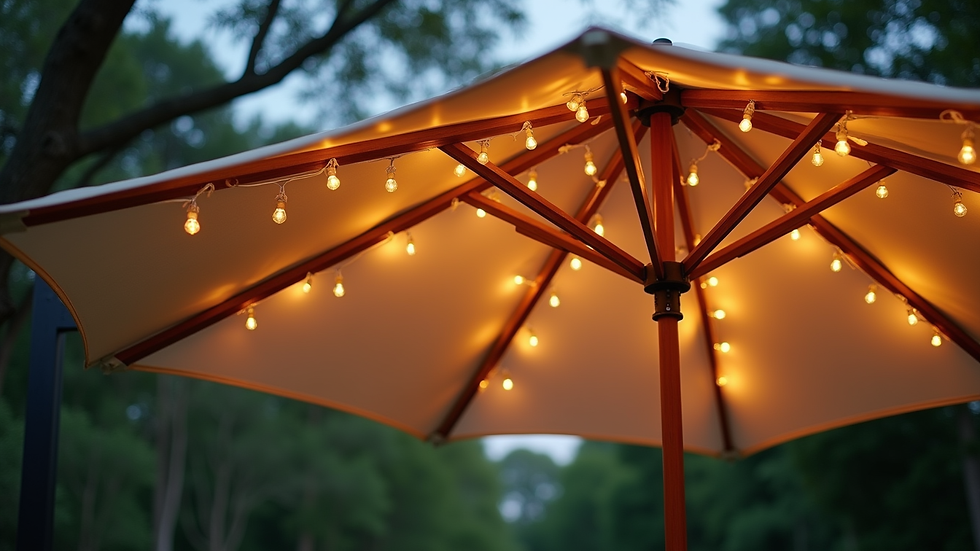 Close-up view of a luxury garden parasol with LED lighting and wooden frame
