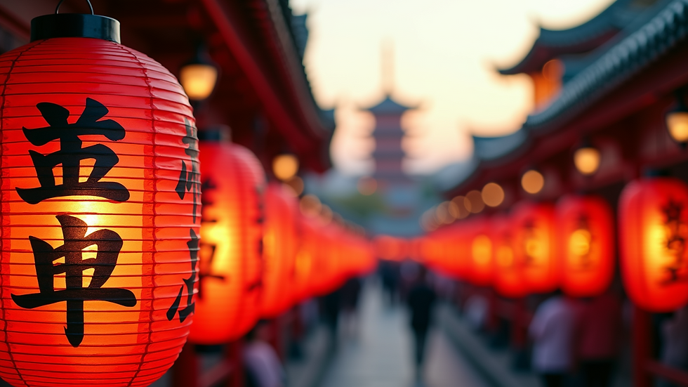 High angle view of a vibrant Japanese festival with colorful lanterns