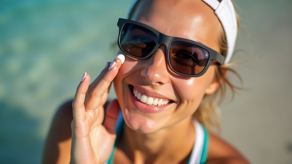 High angle view of a woman applying sunscreen outdoors