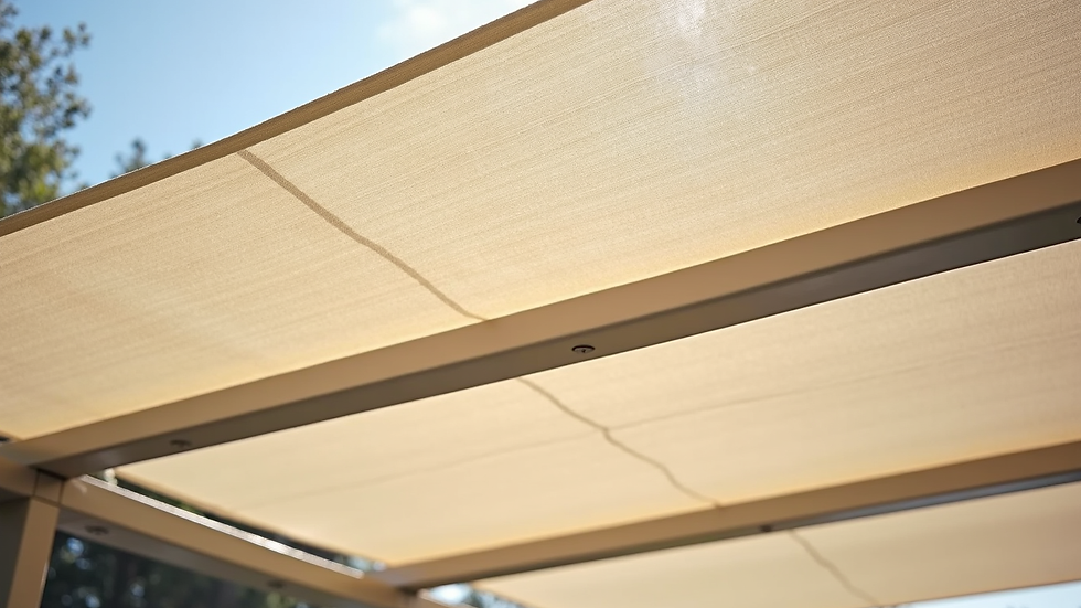 Close-up view of Suns Alvaro pergola fabric and aluminum frame