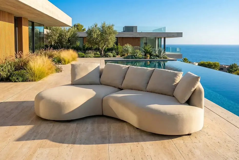 High angle view of luxury garden pergola with comfortable seating