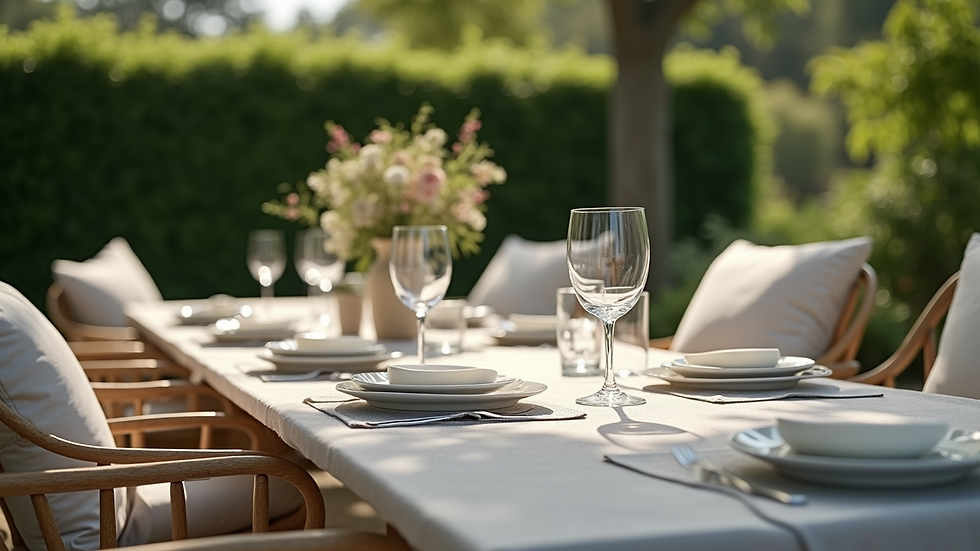 Close-up view of elegant outdoor dining set with cushions in a garden