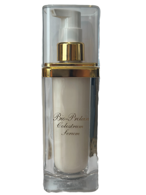 Bio-Protein Colostrum Serum bottle with a gold top and pump