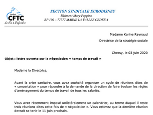 LETTRE OUVERTE SUR LA NÉGOCIATION "TEMPS DE TRAVAIL" - 3 JUIN 2020