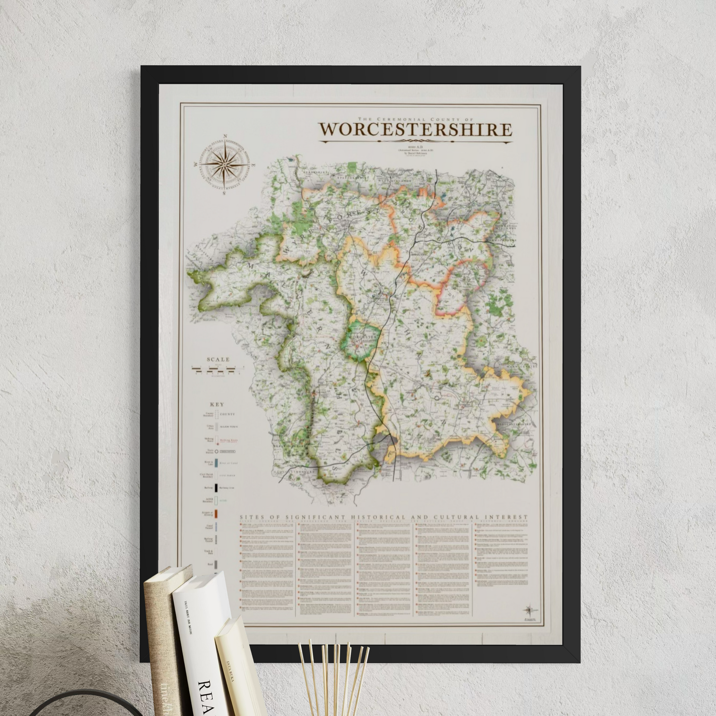 Framed wall map of Worcestershire