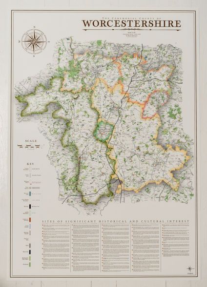 Vintage style wall map of Worcestershire