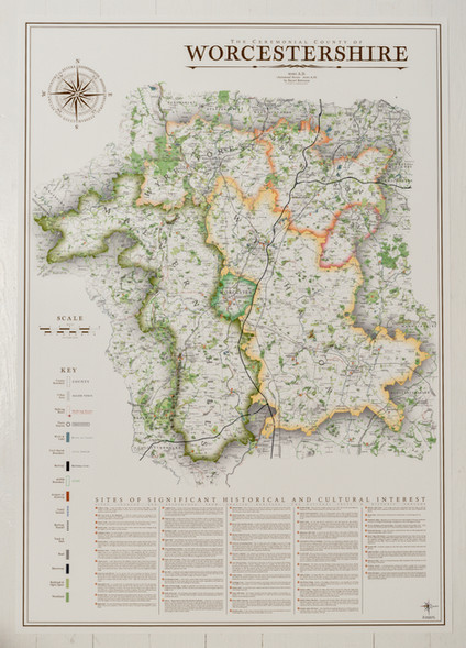 Vintage style wall map of Worcestershire