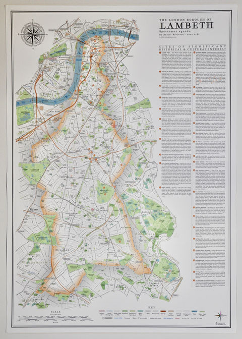 Vintage wall map of the London borough of Lambeth