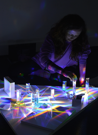 Prism installation, rainbows, diffraction, refraction, prismaticperceptions, polyhedral prisms, Slade School of Fine Art, Crystal  Lyons artist