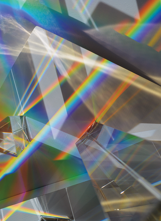 Polyhedral prism, diffraction, refraction, prism art, light and space art, rainbow art, Crystal Lyons artist