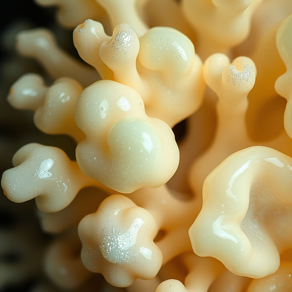 A hyper-detailed macro photograph of surreal, organic coral-like structures made of transl