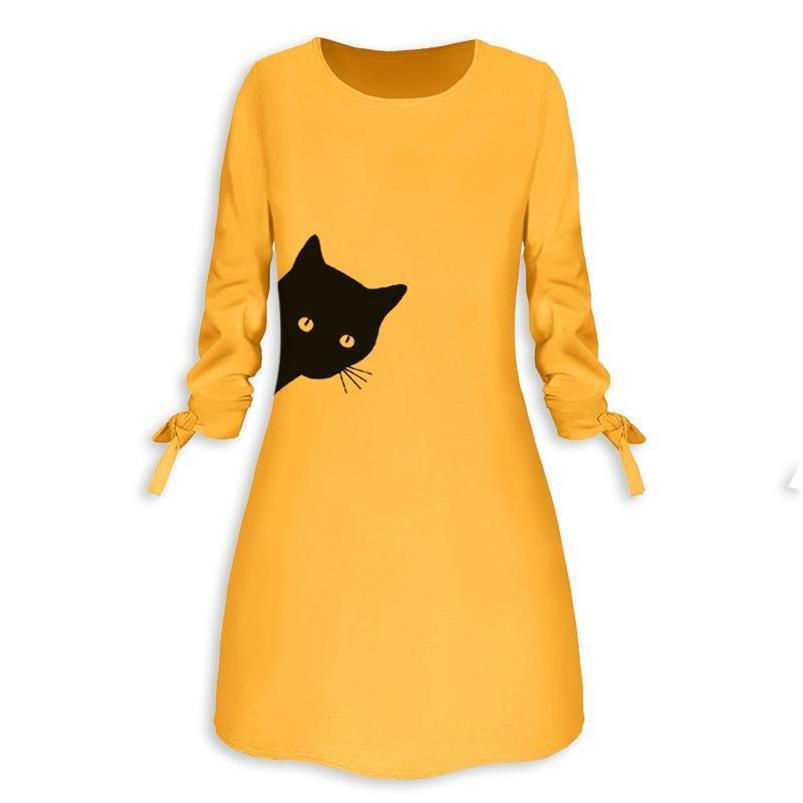 Thumbnail: Pure Color Cat Print Dress Casual Round Neck Dress

