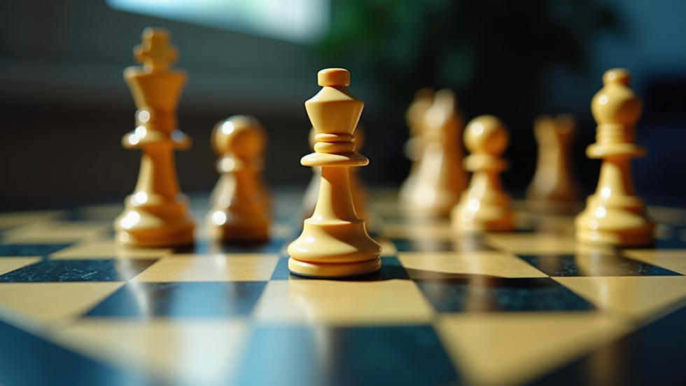 Eye-level view of a chess game in progress with colorful pieces